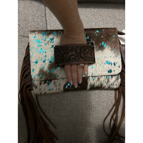 American Darling Clutch Hand Tooled Hair-On Genuine Leather Women Acid NWT Fring - Picture 5 of 7